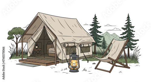 Rustic canvas safari tent with camping chair and lantern in a forest setting.