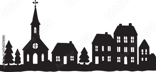 Village silhouette vector set with church trees and houses