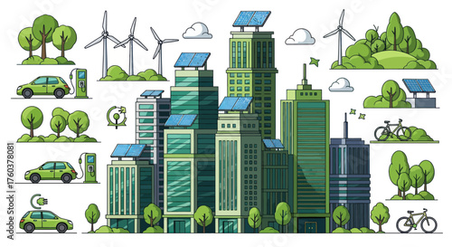 Eco-Friendly Cityscape with Solar Panels Wind Turbines and Green Vehicles.