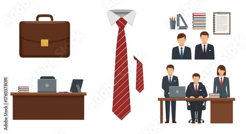 Business and Office Elements: Briefcase Tie Desk and Professionals in Suits.