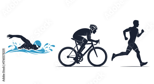 Triathlon Silhouettes: Swimmer Cyclist and Runner in Action.