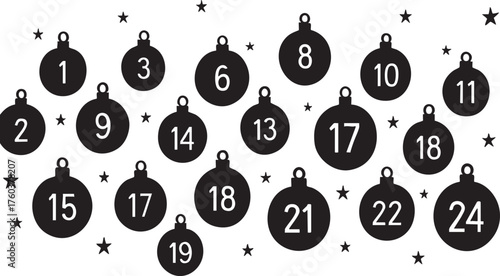 Christmas Ornaments Vector Set with Black Round Balls and Numbers on White Background for Holiday Design