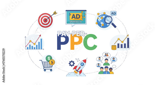 Digital Marketing PPC Strategy with Icons and Charts.