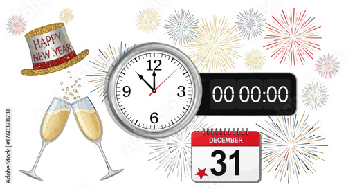 Festive New Years Eve Countdown with Clock Calendar and Champagne Flutes.