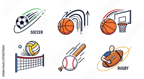 Set of Colorful Hand-Drawn Sports Icons Featuring Various Balls and Equipment for Popular Games.