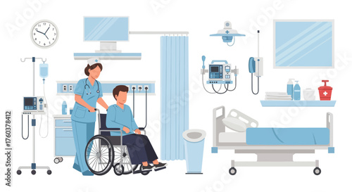 Hospital ward scene with a nurse patient in a wheelchair and a set of isolated medical equipment and furniture.