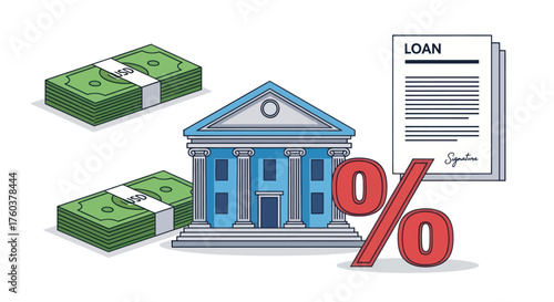 Bank Building with Money Stacks Loan Document and Percentage Sign Illustration.
