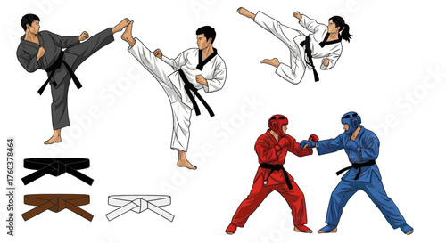 A collection of martial arts illustrations showing Taekwondo practitioners performing high kicks sparring in protective gear and different colored belts.
