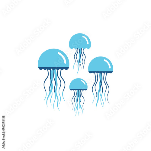 Four blue jellyfish floating in water against a white background.