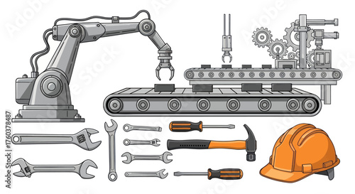Industrial Manufacturing Tools Set with Robotic Arm Conveyor Belt Hand Tools and Safety Helmet.