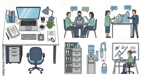Diverse Office Scenes and Workspace Elements Depicting Business Collaboration and Productivity.