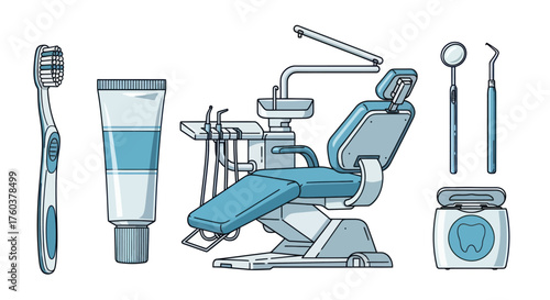 Dental Equipment and Oral Hygiene Tools Illustration.
