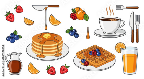 Delicious Breakfast Spread Featuring Pancakes Toast Coffee and Fresh Fruit.