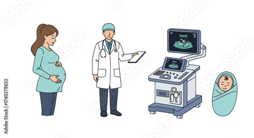 Medical illustration set for pregnancy and childbirth with a doctor patient ultrasound and newborn baby.