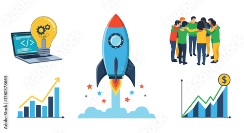 Cartoon Rocket Launching with Flames and Smoke Blue and Orange.