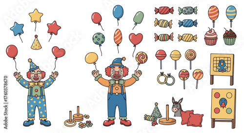 Colorful Circus Clowns with Balloons Candies and Carnival Game Elements.
