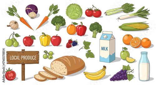 Assortment of Fresh Fruits Vegetables and Dairy Products.