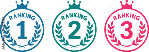 Ranking medals vector set showing 1st, 2nd, and 3rd place awards with laurel wreath and crown