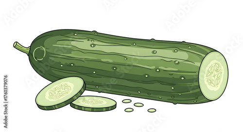 Fresh green cucumber with slices and seeds isolated on transparent background