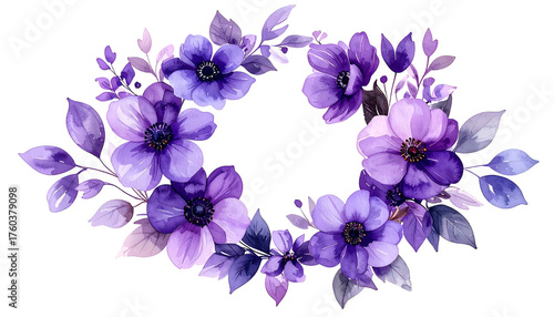 Watercolor floral wreath of purple anemones and leaves, arranged in an oval shape, on black