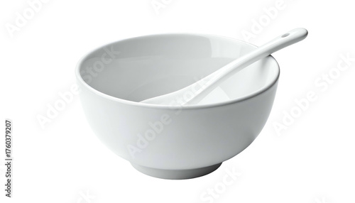 White bowl and spoon on dark background. Simple elegance