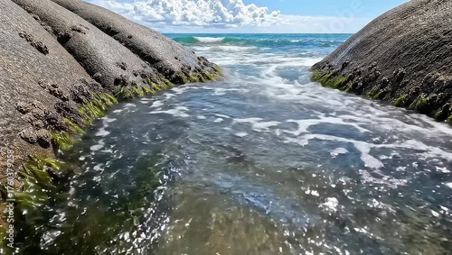 Rocky Beach with Tide Pools and Clear Blue Sky under Clouds
