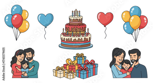 Festive Birthday Celebration Elements: Cake Balloons Gifts and Family.