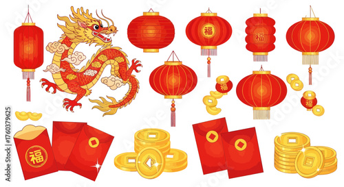 Colorful Chinese New Year Dragon and Lanterns Collection.