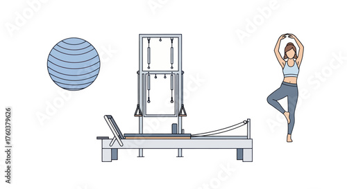 Pilates Reformer Machine with Exercise Ball and Woman in Yoga Pose.