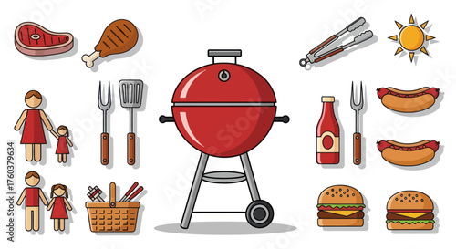 BBQ Picnic Illustration with Grill Food and Family Figures.