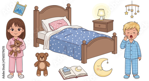 Childrens Bedroom Scene with Bed Toys and Sleeping Children.