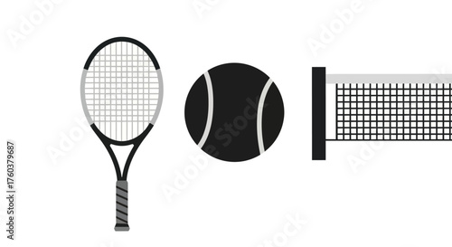 Tennis Sport Equipment Icons Set: Racket Ball and Net.