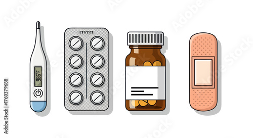 Medical Supplies Collection: Thermometer Pills and Bandage.