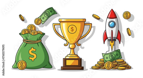 Golden Trophy Money Bag and Rocket Ship Symbolizing Success and Growth.