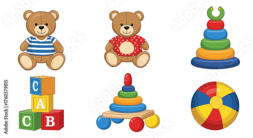 Collection of colorful childrens toys including teddy bears stacking rings ABC blocks and a ball.
