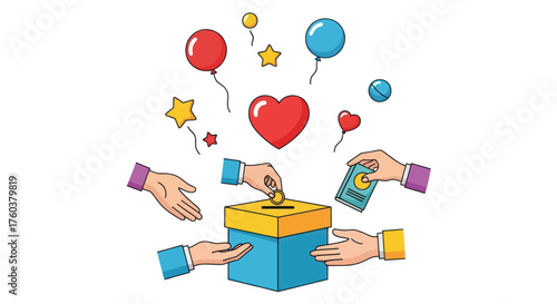 Hands donating to a charity box with balloons and hearts.