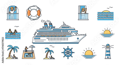 Detailed Illustration of a White and Blue Cruise Ship.