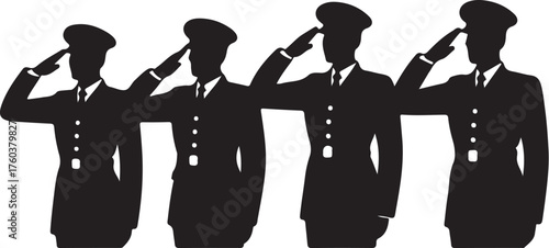 Four soldiers salute in unison, professional silhouette