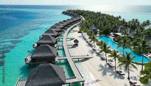 Scenic Aerial View of Tropical Resort with Overwater Bungalows