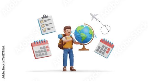 3D cartoon traveler character holding a globe surrounded by travel planning icons.