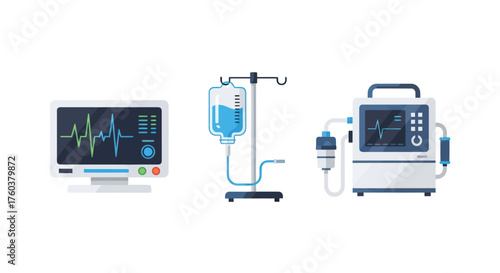Medical Equipment Set: Monitor IV Drip and Ventilator for Patient Care.