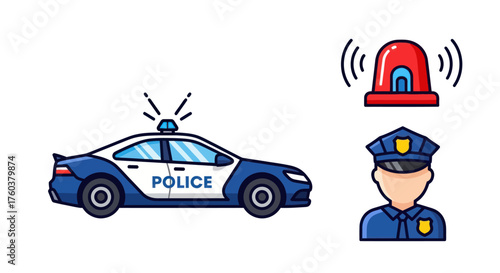 Cartoon Police Car Emergency Siren and Officer Uniform Icons.