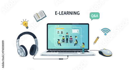 Modern Laptop Displaying E-Learning Concept with Accessories.