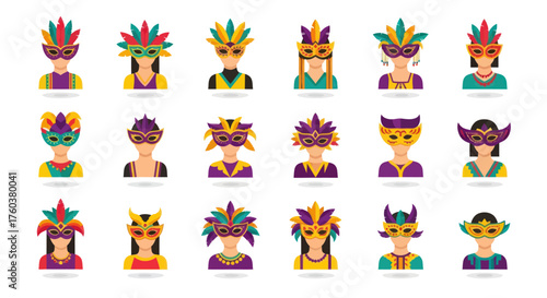 Collection of People Wearing Colorful Carnival Masks with Feathers and Decorations.