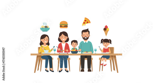 Happy Family Enjoying a Meal Together with Various Food Items.