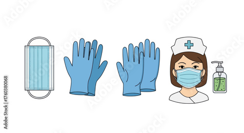 Medical Personal Protective Equipment and Nurse Character for Health and Hygiene.