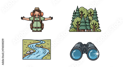 Happy Cartoon Hiker with Backpack and Open Arms Smiling.