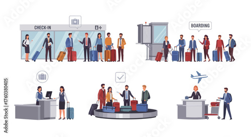 Diverse group of people queuing at airport check-in boarding and baggage claim areas.