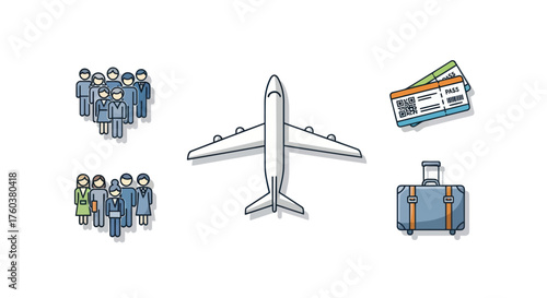 Illustrated Air Travel Icons: Airplane Passengers Tickets Luggage.