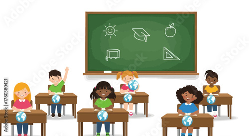 Diverse group of children in a classroom setting with a green chalkboard.